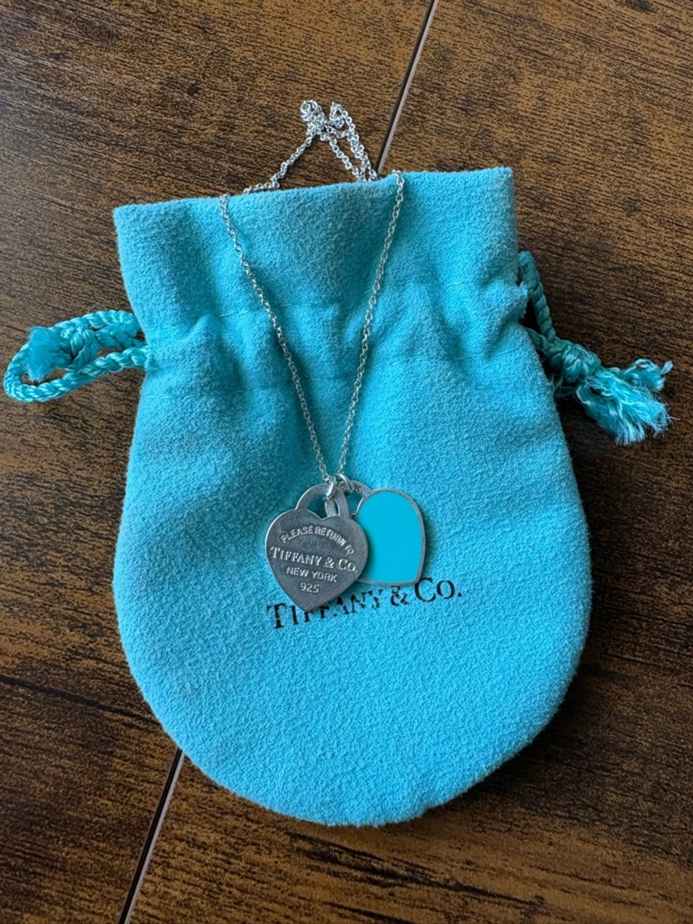 Tiffany & Co. Silver Double Heart Necklace with Blue Enamel